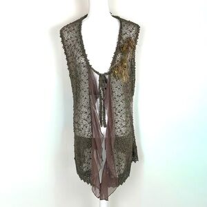 Vandana Women L Tie Front Open Knit Vest Fringe Rhinestone Boho Lightweight Long
